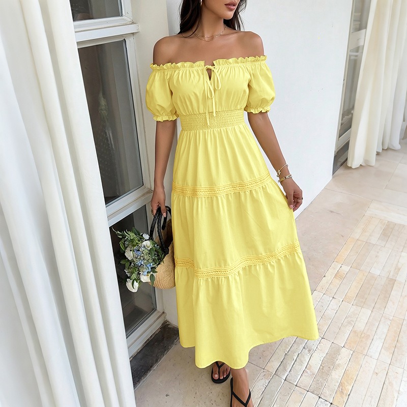 فستان صيفي بوهيمي نسائي أصفر ب - مراجعة Off Shoulder Puff Sleeve Sundress وسعره
