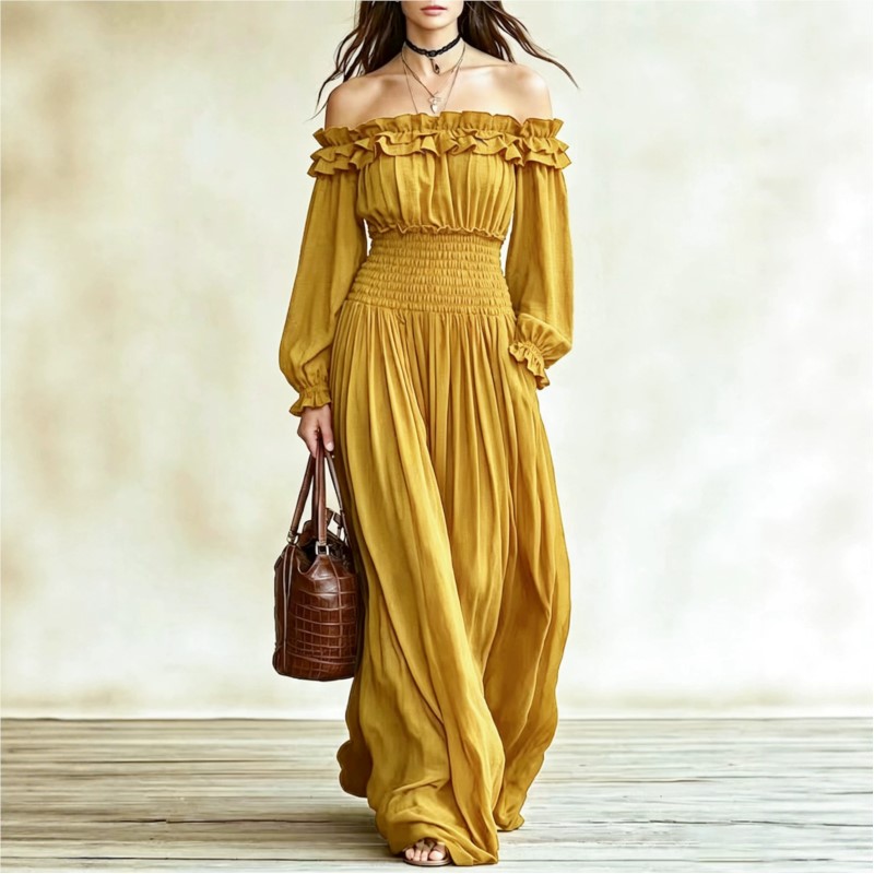 فساتين ماكسي نسائية عصرية بدون - مراجعة Off Shoulder Puff Sleeve Sundress وسعره