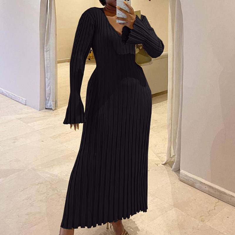 تنورة نسائية متماسكة للخريف بر - مراجعة Bodycon Long Sleeve Ribbed Dress وسعره
