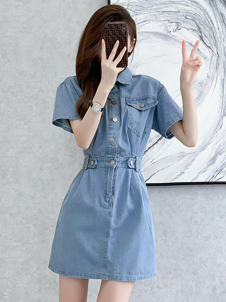 فستان دينيم قصير للتنحيف بخصر  - مراجعة Korean Style A Line Shirt Dress وسعره