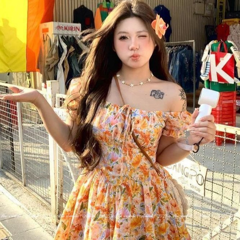 فستان قصير برتقالي مطبوع بالزه - مراجعة Off Shoulder Puff Sleeve Sundress وسعره