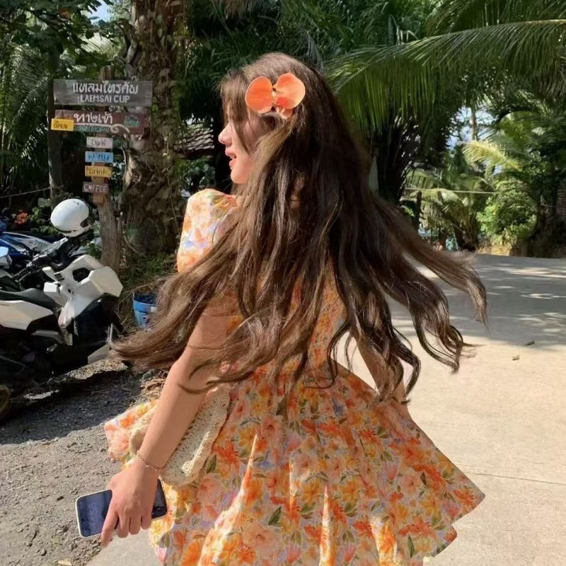 فستان قصير برتقالي مطبوع بالزه - مراجعة Off Shoulder Puff Sleeve Sundress وسعره